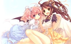 Rule 34 | 2girls, :d, ahoge, bed sheet, bracelet, brown hair, demon wings, dress, frills, green eyes, hair ornament, hair ribbon, hairclip, highres, jewelry, long hair, multiple girls, open mouth, original, pink hair, purple eyes, ribbon, smile, source request, twintails, wings, yashiro seika