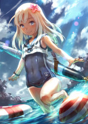 Rule 34 | 10s, 1girl, bad id, bad pixiv id, ball, blonde hair, blue eyes, cloud, crop top, day, dutch angle, flower, hair flower, hair ornament, highres, innertube, kantai collection, kusano shinta, light rays, long hair, outdoors, outstretched arms, ro-500 (kancolle), sailor collar, school swimsuit, sky, sleeveless, smile, soaking feet, solo, sunbeam, sunlight, swim ring, swimsuit, swimsuit under clothes, tan, tanline, torpedo, wading, water, wristband