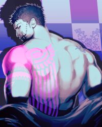 Rule 34 | 1boy, arm tattoo, back, back focus, back tattoo, bara, bare back, charlotte katakuri, from behind, highres, looking at viewer, looking back, male focus, mature male, mewiyev, muscular, muscular male, one piece, open clothes, purple theme, short hair, solo, stitches, tattoo, undressing, upper body