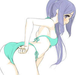 Rule 34 | 1girl, adjusting clothes, adjusting swimsuit, ass, back, bikini, blue eyes, blue hair, blush, breasts, closed mouth, cowboy shot, crotch seam, frown, green bikini, hair tie, halterneck, leaning forward, long hair, looking at viewer, looking back, love live!, love live! sunshine!!, matsuura kanan, medium breasts, ponytail, shinanoya (satanicad), side-tie bikini bottom, simple background, solo, standing, swimsuit, white background