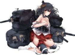 Rule 34 | 1girl, bare shoulders, black hair, blush, breasts, broken, broken weapon, burnt clothes, cannon, closed mouth, covering privates, covering breasts, damaged, detached sleeves, floral print, full body, hair ornament, unworn headband, kantai collection, kanzashi, kneeling, looking at viewer, medium breasts, messy hair, miniskirt, no shoes, off shoulder, red eyes, unworn ribbon, rigging, rikka (rikka331), short hair, sideboob, skirt, solo, tabi, thigh strap, thighs, torn clothes, transparent background, turret, weapon, wide sleeves, yamashiro (kancolle), yamashiro kai ni (kancolle)