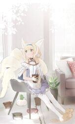 Rule 34 | 1girl, animal ears, animal slippers, arknights, blonde hair, blue dress, braid, chair, clothing cutout, couch, cushion, dal-gi, dress, fox ears, fox girl, fox tail, frilled dress, frills, full body, green eyes, highres, holding, kitsune, long hair, multiple tails, pantyhose, plant, potted plant, shoulder cutout, sitting, slippers, solo, suzuran (arknights), tail, two-tone dress, white dress, white pantyhose
