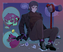 Rule 34 | 2boys, animal, black eyes, black footwear, black gloves, black hair, black jacket, black pants, black suit, black sweater, bound ankles, chain, chibi, cigarette, commentary, commission, disembodied hand, english commentary, english text, formal, gloves, heterochromia, highres, holding, holding rope, jacket, knees up, long sleeves, looking at another, male focus, multiple boys, multiple views, muzzle, open clothes, open jacket, original, pants, rope, shards, short hair, sitting, speech bubble, suit, sweater, turtleneck, turtleneck sweater, yellow eyes, yulei yuuuuu