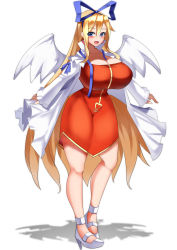 Rule 34 | 1girl, absurdres, angel, angel girl, angel wings, artist request, blonde hair, blue eyes, blush, breasts, cleavage, curvy, disgaea, dress, flonne, hair ribbon, high heels, highres, huge breasts, impossible clothes, impossible shirt, long hair, looking at viewer, mature female, aged up, open mouth, ribbon, shirt, smile, solo, standing, tagme, thick thighs, thighs, tight clothes, very long hair, wide hips, wings