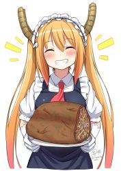 Rule 34 | 10s, 1girl, ^ ^, artist name, bad food, blush, closed eyes, dated, facing viewer, food, frills, gloves, grin, hair between eyes, highres, holding, holding tray, horns, kobayashi-san chi no maidragon, long hair, maid, maid headdress, meat, puffy short sleeves, puffy sleeves, short sleeves, signature, simple background, smile, solo, superpig, teeth, tohru (maidragon), tray, twintails, twitter username, upper body, very long hair, white background, white gloves