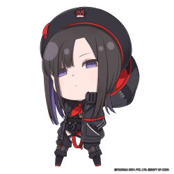 Rule 34 | 1girl, beret, black coat, black footwear, black hair, black hat, black leotard, black pants, blunt bangs, chibi, closed mouth, clothes writing, coat, collared leotard, commentary, english commentary, english text, eunhwa (nikke), goddess of victory: nikke, hands in pockets, hat, highres, hood, hood up, hooded coat, leotard, light frown, long hair, long sleeves, looking at viewer, multicolored hair, official art, open clothes, open coat, pants, parted bangs, purple eyes, purple hair, solo, standing, totatokeke, two-tone hair