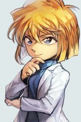 Rule 34 | 1girl, blonde hair, blue background, blue eyes, blue scarf, closed mouth, finger to own chin, haibara ai, hair between eyes, hungry clicker, lab coat, long sleeves, meitantei conan, scarf, short hair, simple background, smile, solo, upper body