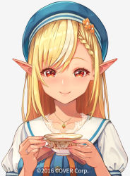 Rule 34 | blonde hair, blush, bow, braid, braided bangs, braiding hair, breasts, commentary request, copyright notice, cup, dark-skinned female, dark skin, elf, eyelashes, hairdressing, hat, hololive, jewelry, long hair, necklace, pointy ears, puffy short sleeves, puffy sleeves, red eyes, ring, sakumichi, shiranui flare, short sleeves, simple background, smile, solo, tea, teacup, virtual youtuber, white background