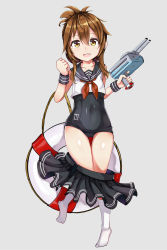 Rule 34 | 1girl, :3, adapted costume, anchor symbol, clothes pull, covered navel, finger on trigger, full body, grey background, gun, hakokon, highres, inazuma (kancolle), innertube, kantai collection, open mouth, round teeth, school swimsuit, school uniform, serafuku, skirt, skirt pull, smile, solo, swim ring, swimsuit, swimsuit under clothes, teeth, turret, weapon, wrist cuffs