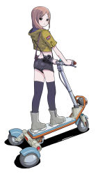Rule 34 | 1girl, black eyes, black shorts, black thighhighs, blush, boots, cropped jacket, expressionless, from behind, grey footwear, hair ornament, hairclip, highres, hood, hooded jacket, jacket, looking at viewer, looking back, medium hair, motorized scooter, original, parted bangs, short shorts, shorts, solo, standing, sukabu, thighhighs, white background, yellow jacket