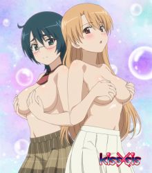 Rule 34 | 2girls, :o, back-to-back, blonde hair, blue hair, blush, breasts, brown eyes, copyright name, covering privates, covering breasts, cowboy shot, glasses, green eyes, hands on own chest, highres, kiryuu yuuzuki, kissxsis, large breasts, long hair, looking at viewer, mikuni miharu, multiple girls, navel, necktie, open mouth, pleated skirt, short hair, skirt, standing, topless, wavy mouth