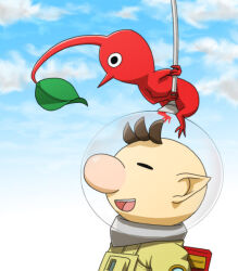 Rule 34 | 1boy, backpack, bag, big nose, black eyes, blue sky, brown hair, closed eyes, cloud, colored skin, commentary request, creature on head, day, helmet, holding, leaf, leaning forward, male focus, naru (wish field), nintendo, no mouth, olimar, open mouth, outdoors, patch, pikmin (creature), pikmin (series), pointy ears, pointy nose, radio antenna, red bag, red pikmin, red skin, short hair, sky, smile, space helmet, spacesuit, teeth, upper body, upper teeth only, very short hair