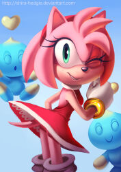 Rule 34 | 1girl, amy rose, blue background, chao (sonic), deviantart username, dress, gloves, green eyes, heart, highres, looking at viewer, one eye closed, red dress, shira-hedgie, simple background, sonic (series), watermark, web address, white gloves
