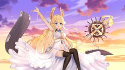 Rule 34 | 1girl, :d, absurdres, arm ribbon, arm up, azur lane, bare arms, bare shoulders, bell, biako, black panties, black thighhighs, blonde hair, blue eyes, blush, breasts, cleavage, cloud, commentary request, dress, hair ornament, hair ribbon, hairclip, highres, holding, holding staff, impossible clothes, impossible dress, large breasts, laurel crown, long hair, navel, open mouth, outdoors, panties, revision, ribbon, ship&#039;s wheel, sitting, sky, sleeveless, sleeveless dress, smile, solo, staff, sunset, thighhighs, thighs, underwear, very long hair, victorious (azur lane), white dress, white ribbon, yellow ribbon