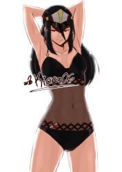 Rule 34 | 1girl, arms up, artist name, black hair, black hat, black one-piece swimsuit, breasts, brown eyes, casual one-piece swimsuit, closed mouth, collarbone, commentary, covered navel, english commentary, fishnet swimsuit, hair between eyes, hat, highres, kiora06, long hair, looking at viewer, military, military hat, morag ladair (obligatory leave) (xenoblade), morag ladair (xenoblade), multicolored clothes, multicolored hat, navel, official alternate costume, one-piece swimsuit, red hat, see-through swimsuit, simple background, small breasts, solo, swimsuit, thighs, visor cap, white hat, xenoblade chronicles (series), xenoblade chronicles 2, yellow hat