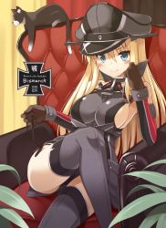 Rule 34 | 10s, 1girl, anchor, armchair, bare shoulders, bismarck (kancolle), blonde hair, blush, breasts, cat, chair, character name, cross, crossed legs, detached sleeves, female focus, gloves, grey thighhighs, hair between eyes, hat, head rest, impossible clothes, iron cross, kantai collection, large breasts, long hair, looking at viewer, military, military hat, military uniform, ohta yuichi, peaked cap, sideboob, sitting, smile, solo, thighhighs, uniform, unsinkable sam