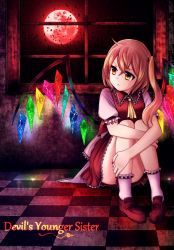 Rule 34 | 1girl, against wall, ascot, bad id, bad pixiv id, bat (animal), blonde hair, bobby socks, checkered floor, english text, flandre scarlet, full moon, hibeni (majekuresho), highres, hugging own legs, knees to chest, light frown, loafers, looking to the side, moon, nail polish, no headwear, no headwear, puffy short sleeves, puffy sleeves, red eyes, red moon, red nails, shoes, short hair, short sleeves, side ponytail, sitting, skirt, skirt set, socks, solo, touhou, window, wings