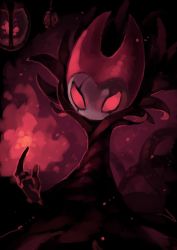 Rule 34 | absurdres, grimm (hollow knight), hand up, highres, hollow knight, index finger raised, lantern, looking at viewer, no humans, okame nin, red eyes, red theme, solo, upper body
