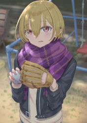 Rule 34 | 1girl, absurdres, baseball, baseball glove, black jacket, blonde hair, blurry, blurry background, commentary request, ear piercing, highres, idolmaster, idolmaster shiny colors, jacket, long sleeves, looking at viewer, outdoors, park, piercing, pink eyes, purple scarf, saijo juri, scarf, short hair, solo, umirororo, upper body