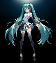 Rule 34 | 1girl, absurdres, aqua eyes, aqua hair, aqua necktie, black background, black skirt, black thighhighs, closed mouth, commentary request, detached sleeves, full body, hatsune miku, headset, highres, long hair, looking at viewer, necktie, nishizawa, number tattoo, pleated skirt, shoulder tattoo, skirt, smile, solo, standing, tattoo, thighhighs, twintails, very long hair, vocaloid, vocaloid boxart pose, zettai ryouiki