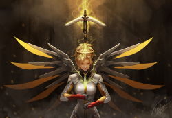 Rule 34 | 10s, 1girl, 2016, absurdres, blonde hair, bodysuit, breasts, brown background, brown eyes, dark background, dated, embers, gloves, halo, high ponytail, highres, holding, holding staff, lips, looking at viewer, mechanical halo, mechanical wings, medium breasts, mercy (overwatch), overwatch, overwatch 1, ponytail, shou mai, signature, solo, spread wings, staff, upper body, wings, yellow wings