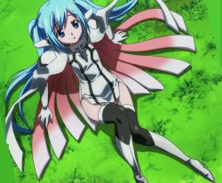 Rule 34 | 1girl, arm support, blue eyes, blue hair, boots, chain, collar, dress, female focus, flat chest, from above, garter belt, garter straps, gloves, grass, legs, matching hair/eyes, nature, nymph (sora no otoshimono), official art, panties, plant, screencap, sitting, solo, sora no otoshimono, stitched, thighhighs, third-party edit, twintails, underwear
