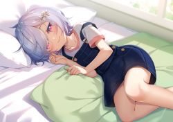 Rule 34 | 1girl, bed, blush, denim dress, dress, grey hair, hatachi, indoors, looking at viewer, lying, on side, original, parted bangs, pillow, red eyes, short hair, smile, solo, window