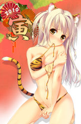 Rule 34 | 10s, 1girl, 2010, animal ears, animal print, bikini, bikini in mouth, blonde hair, blush, breasts squeezed together, breasts, clothes in mouth, highres, kneeling, large breasts, long hair, mouth hold, navel, new year, orange bikini, original, solo, swimsuit, tail, tiger ears, tiger print, tiger tail, twintails, u jie, untied, yellow eyes