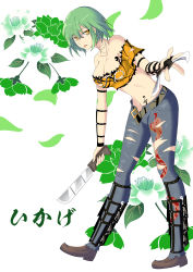 Rule 34 | 10s, 1girl, absurdres, bare shoulders, breasts, brown footwear, character name, cleavage, collarbone, crop top, denim, floral background, full body, green hair, highres, hikage (senran kagura), holding, holding weapon, jeans, large breasts, leaning forward, looking at viewer, machete, midriff, murasaki tachi, navel, off-shoulder shirt, off shoulder, open fly, orange shirt, pants, senran kagura, shirt, shoes, short hair, short sleeves, slit pupils, solo, tattoo, tongue, tongue out, torn clothes, torn jeans, torn pants, torn shirt, unbuckled, open belt, unbuttoned, weapon, yellow eyes