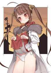 Rule 34 | 1girl, ahoge, anchor hair ornament, azur lane, bow, bow panties, breasts, brown eyes, brown hair, china dress, chinese clothes, closed mouth, clothes lift, coat, contrapposto, covered erect nipples, cowboy shot, dress, dress lift, fingernails, fur trim, haijin, hair ornament, hair ribbon, long hair, looking down, off shoulder, outdoors, panties, ribbon, side slit, small breasts, solo, standing, sunset, turtleneck, twintails, underwear, very long hair, white panties