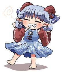 Rule 34 | 1girl, barefoot, blue dress, closed eyes, detached sleeves, dress, earrings, full body, grey hair, grin, highres, horns, jewelry, pointy ears, red horns, rokugou daisuke, sheep horns, short hair, signature, simple background, smile, solo, touhou, toutetsu yuuma, white background