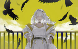 Rule 34 | 1girl, a.i. voice, against railing, akiba (nagusami), asymmetrical bangs, belt, bird, black belt, black bracelet, black collar, blonde hair, breasts, closed eyes, cloud, collar, commentary request, cowboy shot, crow, elbow rest, facing viewer, falling feathers, feathers, floating hair, high-waist skirt, highres, jacket, jacket partially removed, large breasts, last resort (vocaloid), leaning back, long hair, long sleeves, multicolored clothes, multicolored hair, multicolored jacket, off-shoulder shirt, off shoulder, open clothes, open jacket, open mouth, railing, shirt, single hair intake, skirt, smile, solo, spaghetti strap, straight-on, streaked hair, thick eyebrows, tsunose kotone, two-tone jacket, white jacket, white shirt, white skirt, yellow background, yellow jacket