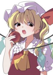Rule 34 | 1girl, apple, ascot, blonde hair, brown eyes, collared shirt, commentary, flandre scarlet, food, frilled shirt collar, frilled sleeves, frills, fruit, hand up, hat, highres, holding, holding food, holding fruit, looking at viewer, medium hair, mob cap, one side up, open mouth, puffy short sleeves, puffy sleeves, red vest, shirt, shishidonagi, short sleeves, simple background, solo, touhou, upper body, vest, white background, white mob cap, wings, yellow ascot
