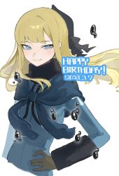 Rule 34 | 1girl, absurdres, black ribbon, blonde hair, blue coat, blue eyes, closed mouth, coat, cropped torso, fate (series), gloves, grey gloves, hand on own hip, highres, long hair, long sleeves, looking at viewer, lord el-melloi ii case files, reines el-melloi archisorte, ribbon, simple background, smile, solo, tokoni fusu, white background