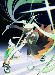 Rule 34 | 1girl, armband, black coat, coat, commentary, creatures (company), detached sleeves, eyeshadow, fighting miku (project voltage), food, game freak, gen 8 pokemon, gloves, green armband, hatsune miku, highres, holding, holding food, holding spring onion, holding vegetable, long hair, long sleeves, makeup, multicolored hair, nintendo, one eye covered, orange eyeshadow, orange trim, otohara gaku, pokemon, pokemon (creature), project voltage, shoes, side slit, single detached sleeve, sirfetch&#039;d, sneakers, spring onion, superhero landing, thighhighs, twintails, vegetable, very long hair, visor cap, vocaloid, white gloves, white hair, white thighhighs, yellow eyes