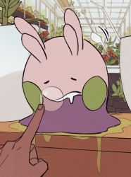 Rule 34 | blurry, chatea, commentary request, creatures (company), dark skin, drooling, closed eyes, game freak, gen 6 pokemon, goomy, greenhouse, highres, indoors, korean commentary, mouth drool, nintendo, nose bubble, plant, pokemon, pokemon (creature), poking, potted plant, sleeping, slime (substance)