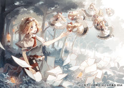 Rule 34 | 1girl, alice margatroid, apron, asuka (louyun), blonde hair, blue dress, blue eyes, book, capelet, dress, flying paper, flying sweatdrops, forest, grimoire, grimoire of alice, hairband, holding hands, hand grab, lantern, lolita hairband, nature, necktie, open mouth, outstretched arm, outstretched hand, paper, sash, shanghai doll, smile, touhou, waist apron