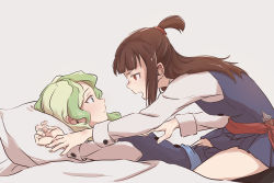 Rule 34 | 2girls, belt, blue eyes, blue sash, blush, brown hair, collared shirt, couple, diana cavendish, eye contact, hair ornament, hand on another&#039;s chest, hand on another&#039;s hand, kagari atsuko, little witch academia, looking at another, lying, multicolored hair, multiple girls, open mouth, red eyes, red sash, sash, school uniform, shirt, simple background, sitting, sitting on lap, sitting on person, surprised, talking, tonton (mathcaca24), two-tone hair, uniform, vest, wavy hair, white background, white shirt, yuri