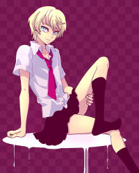 Rule 34 | 1boy, alois trancy, blonde hair, blue eyes, crossdressing, kuroshitsuji, male focus, necktie, skirt, solo, trap, windbard