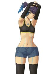 Rule 34 | 1girl, black sports bra, black thighhighs, blue hair, blunt bangs, breasts, brown eyes, chest jewel, commentary request, crop top, fiery hair, fingerless gloves, gloves, glowing lines, highres, navel, one eye closed, sena (xenoblade), shoulder strap, side ponytail, small breasts, solo, sports bra, standing, stretching, thighhighs, white background, xenoblade chronicles (series), xenoblade chronicles 3, yamamori kinako