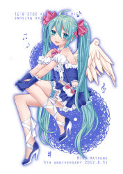 Rule 34 | 10s, 1girl, 2012, bow, bowtie, character name, dated, gloves, green eyes, green hair, hair ribbon, hatsune miku, high heels, bridal garter, long hair, matching hair/eyes, midriff, musical note, navel, ribbon, shoes, skirt, solo, suspenders, twintails, very long hair, vocaloid, wings, yayoi (egoistic realism)