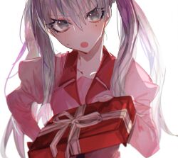 Rule 34 | 1girl, :o, blush, box, box of chocolates, breasts, chocolate, collarbone, collared shirt, dress shirt, eyelashes, food, gift, gift box, gift wrapping, grey eyes, grey hair, hair between eyes, hand on own hip, head tilt, highres, holding, holding box, holding chocolate, holding food, holding gift, incoming gift, long hair, long sleeves, looking at viewer, monogatari (series), naoetsu high school uniform, oikura sodachi, open mouth, owarimonogatari, pink shirt, puffy sleeves, reaching, reaching towards viewer, school uniform, shirt, simple background, small breasts, solo, sweatdrop, tbrsnsk, tsundere, twintails, upper body, v-shaped eyebrows, valentine, white background