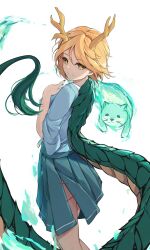 Rule 34 | 1girl, absurdres, blonde hair, blue shirt, closed mouth, dragon horns, dragon tail, green skirt, highres, horns, kicchou yachie, orchid (orukido), otter spirit (touhou), pleated skirt, shirt, short hair, simple background, skirt, smile, solo, tail, touhou, turtle shell, white background, yellow eyes, yellow horns