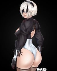 Rule 34 | 1girl, android, artist name, ass, black background, black thighhighs, blindfold, breasts, closed mouth, commentary, feather trim, gloves, hair ornament, hairband, highleg, highleg leotard, highres, kariksart, leotard, lips, long sleeves, looking at viewer, looking back, medium breasts, mole, mole under mouth, nier:automata, nier (series), short hair, signature, simple background, smile, thighhighs, thighs, white hair, 2b (nier:automata)