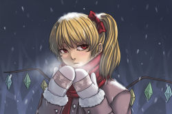 Rule 34 | 1girl, bare tree, blonde hair, bow, breath, coat, cold, expressionless, flandre scarlet, grey background, hair bow, looking at viewer, mittens, no headwear, outdoors, red eyes, reiji-rj, scarf, short hair, side ponytail, sideways glance, snow on head, snowing, solo, touhou, tree, wings
