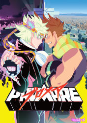 Rule 34 | 2boys, absurdres, ascot, bare shoulders, battle tendency, black jacket, blonde hair, brown hair, caesar anthonio zeppeli, cityscape, crossed arms, derivative work, face-to-face, facial mark, fingerless gloves, fire, gloves, green eyes, green fire, green hair, green scarf, headband, highres, jacket, jojo no kimyou na bouken, joseph joestar, joseph joestar (young), looking at viewer, mad burnish, male focus, maskie-art, multicolored clothes, multicolored scarf, multiple boys, parody, promare, purple eyes, purple fire, pyrokinesis, scarf, striped clothes, striped scarf, tan, triangle print, yellow scarf
