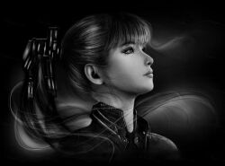 Rule 34 | 1girl, collared jacket, commentary, english commentary, eve (stellar blade), jacket, krystine art, lips, long hair, looking ahead, monochrome, photorealistic, ponytail, realistic, signature, simple background, solo, stellar blade, upper body