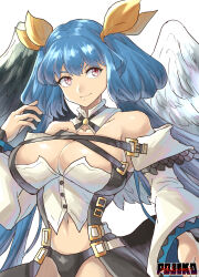 Rule 34 | 1girl, angel wings, artist name, asymmetrical wings, bare shoulders, belt, blue hair, breasts, chikoinochi, cleavage, cleavage cutout, closed mouth, clothing cutout, detached collar, detached sleeves, dizzy (guilty gear), guilty gear, guilty gear xrd, hair between eyes, hair rings, highres, large breasts, long hair, mature female, midriff, navel, red eyes, ribbon, solo, twintails, wings, yellow ribbon