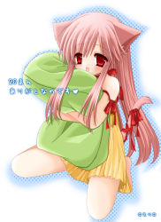 Rule 34 | 1girl, animal ears, artist request, brown hair, cat ears, cat girl, cat tail, dress, female focus, long hair, pillow, pink hair, red eyes, red ribbon, ribbon, sitting, solo, straight hair, tail, tail ornament, tail ribbon, translation request, very long hair, yellow dress