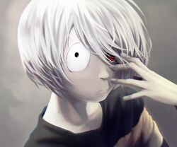Rule 34 | . ., 2boys, aged up, black eyes, close-up, commentary request, father and son, gegege no kitarou, grey hair, hair over one eye, hand on own face, highres, kitarou, kujukusima, looking at viewer, male focus, medama oyaji, multiple boys, red eyes, simple background